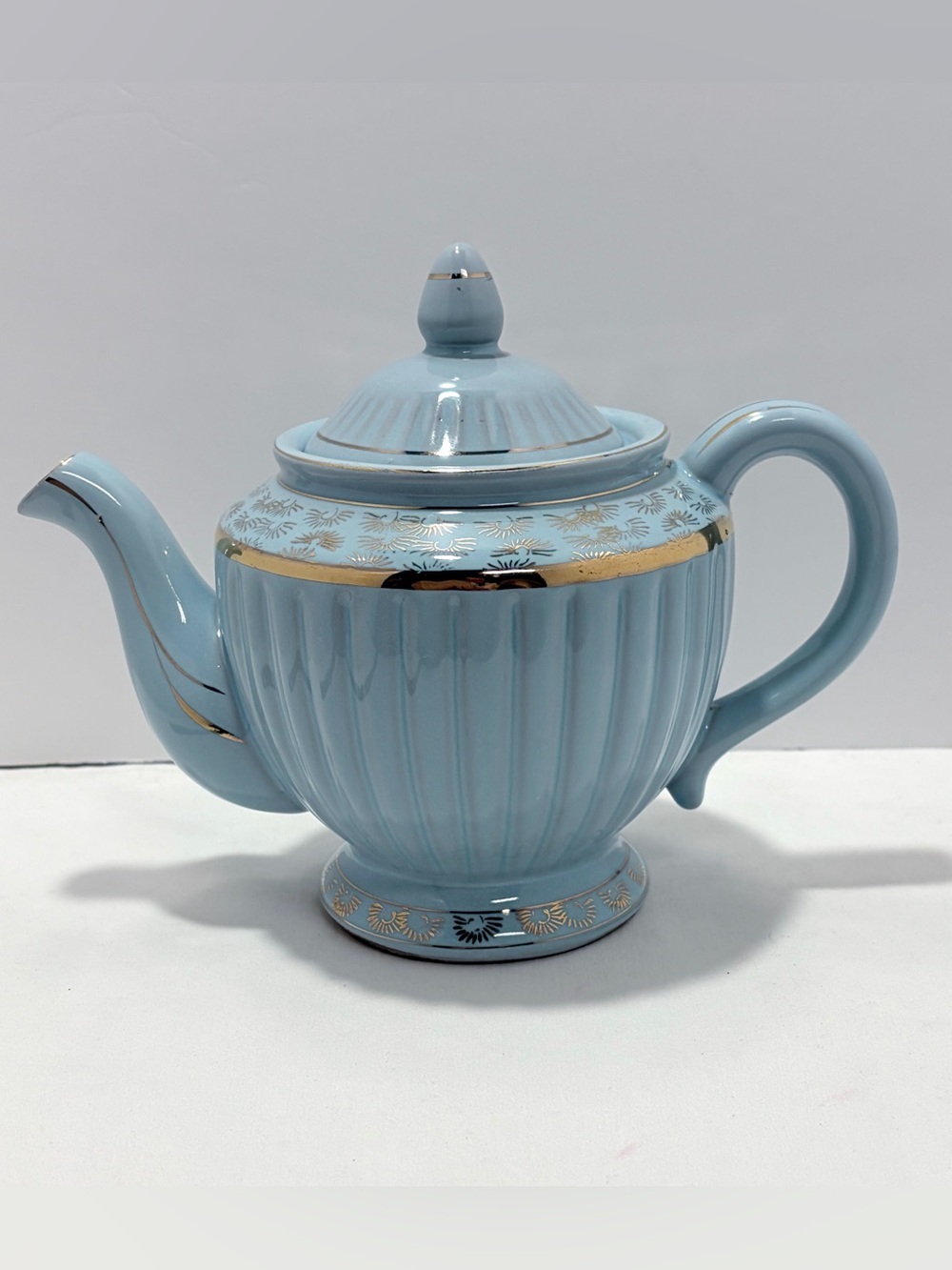 Vintage Light Blue Porcelain Teapot with Gold Trim - Elegant Tea Server